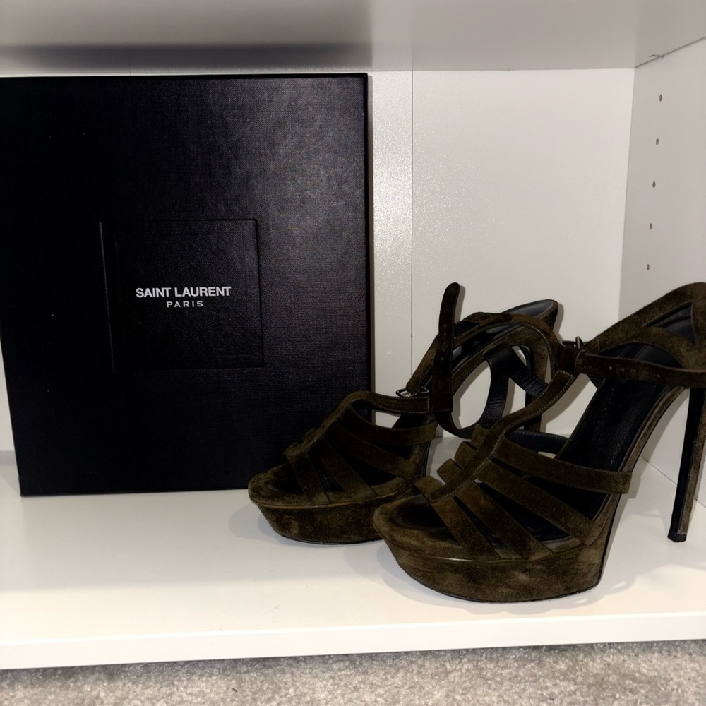 Saint Laurent Tribute Suede Olive Green T Strap Platform Sandals